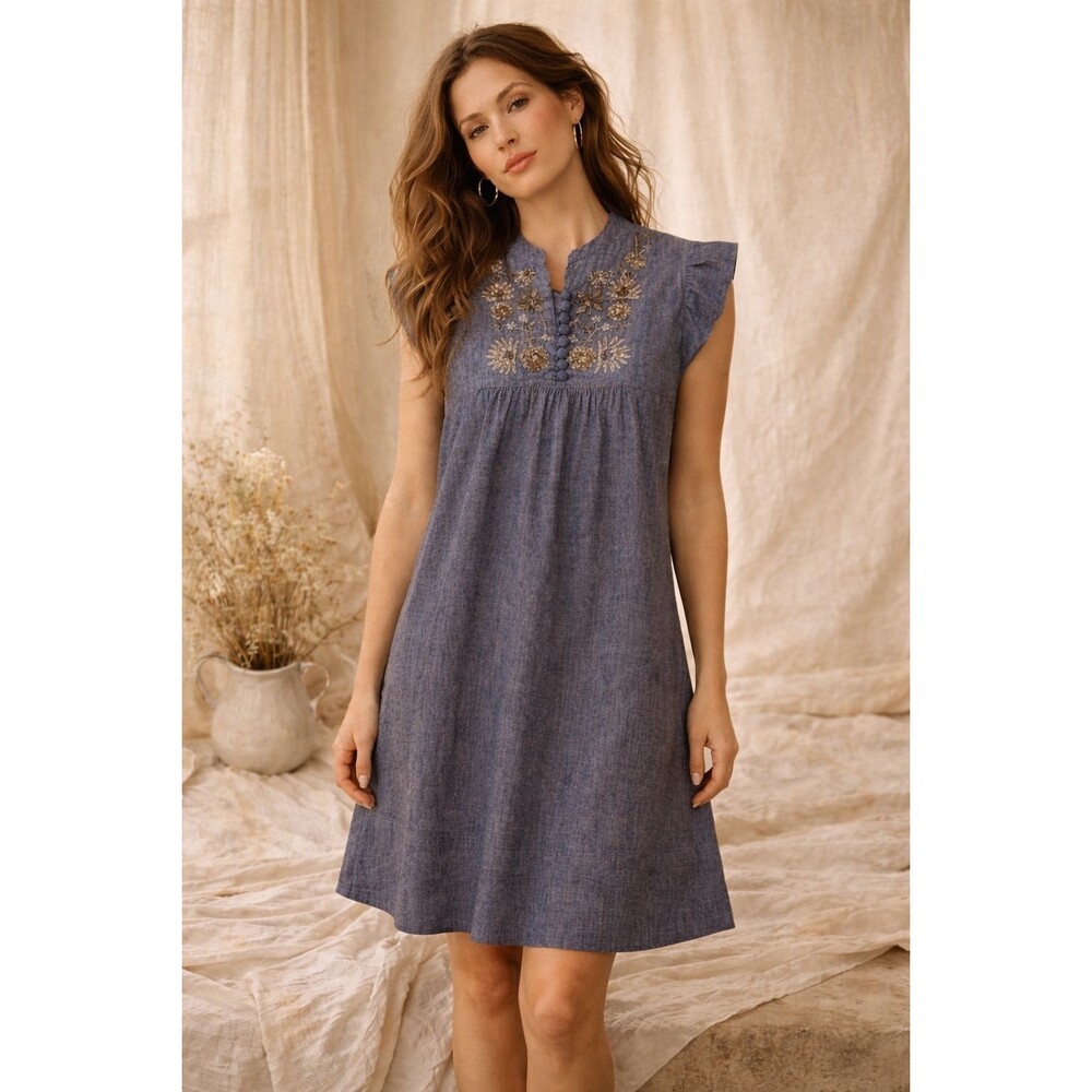 Tracy Porter Womens Dress Small Boho Cottagecore Embroidered Chambray Flowy VTG